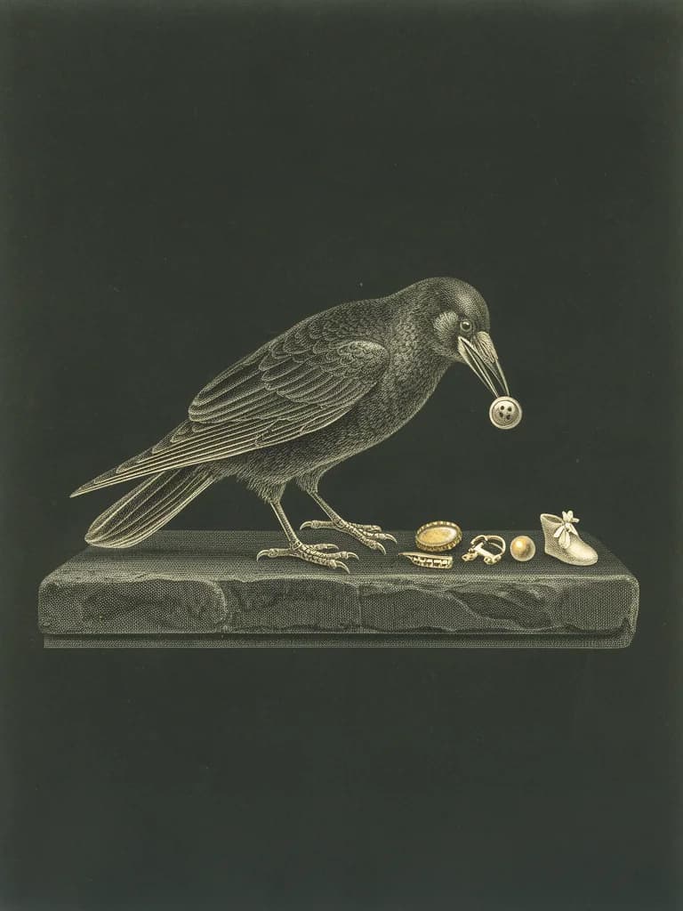An engraved-style portrait of a crow bowing on a windowsill, offering a small button, with a row of tiny objects lined up beside it.