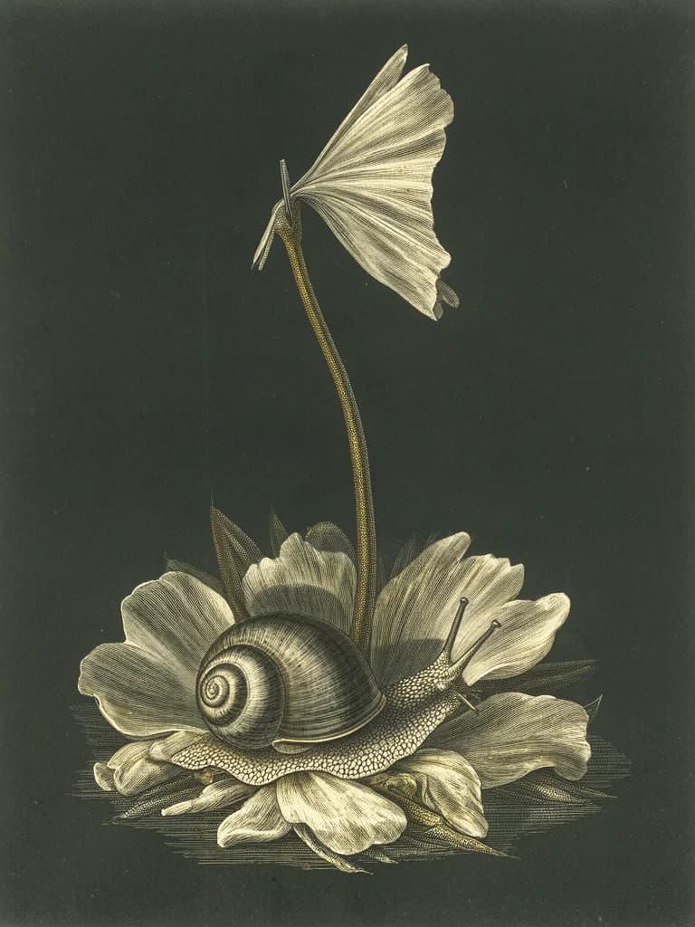 An engraved-style portrait of a snail among fallen flower petals at the base of a great bent stalk, under an open sky.