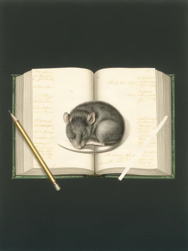 An engraved-style portrait of a small mouse curled in the gutter of an open book, beside a pencilled note in the margin.
