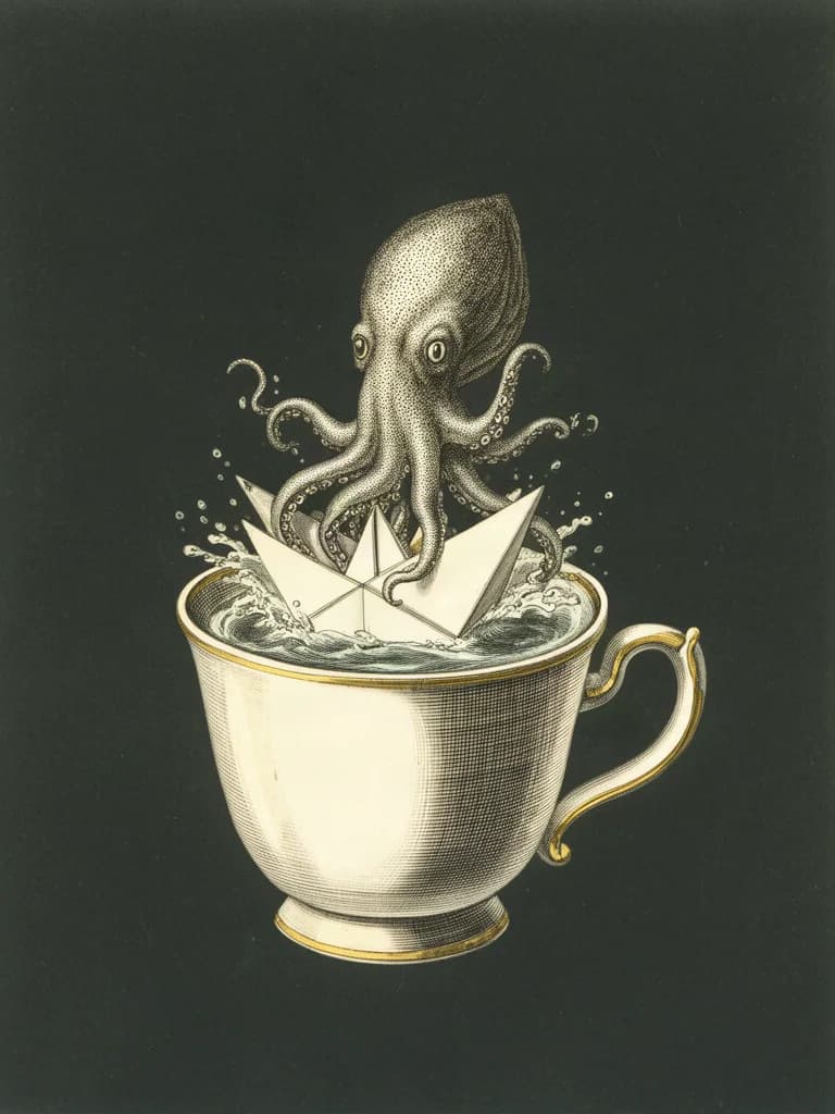 An engraved-style portrait of a tiny kraken rising dramatically from a teacup, tentacles wrapped around a sinking paper boat.