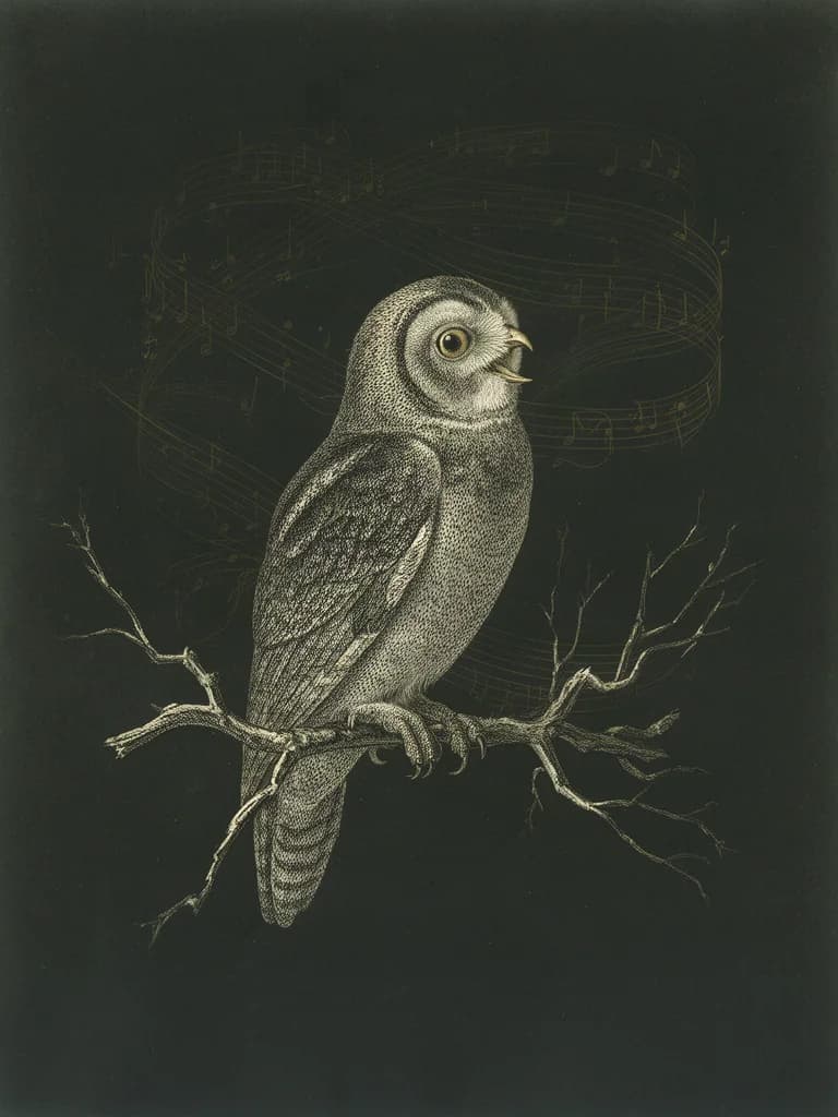 An engraved-style portrait of an owl on a branch at night, surrounded by faint musical notation, its beak slightly open.